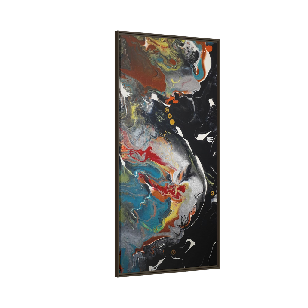  "Silver Bird" 30" x 60" Freebrd Contemporary abstract 1.25 inch canvas print wall art showcasing multi-colors like black, gold, blue and red earth tones. Solidified with an espresso frame
