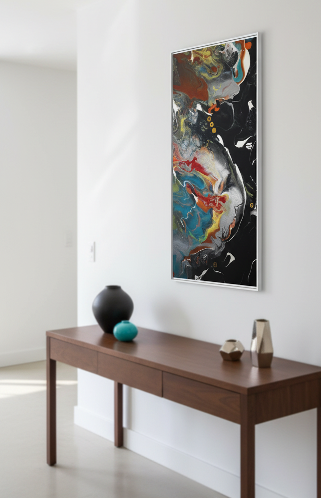 Modern interior with a wooden console table and abstract Freebrd “Silver Bird” art on the wall.