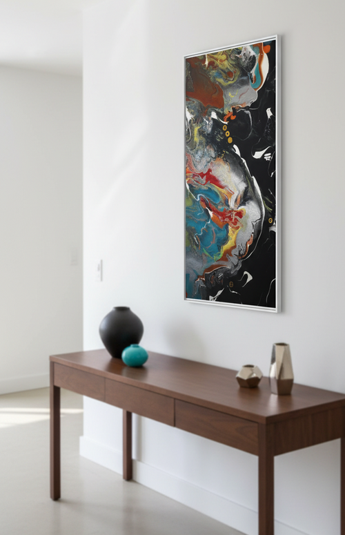 Modern interior with a wooden console table and abstract Freebrd “Silver Bird” art on the wall.