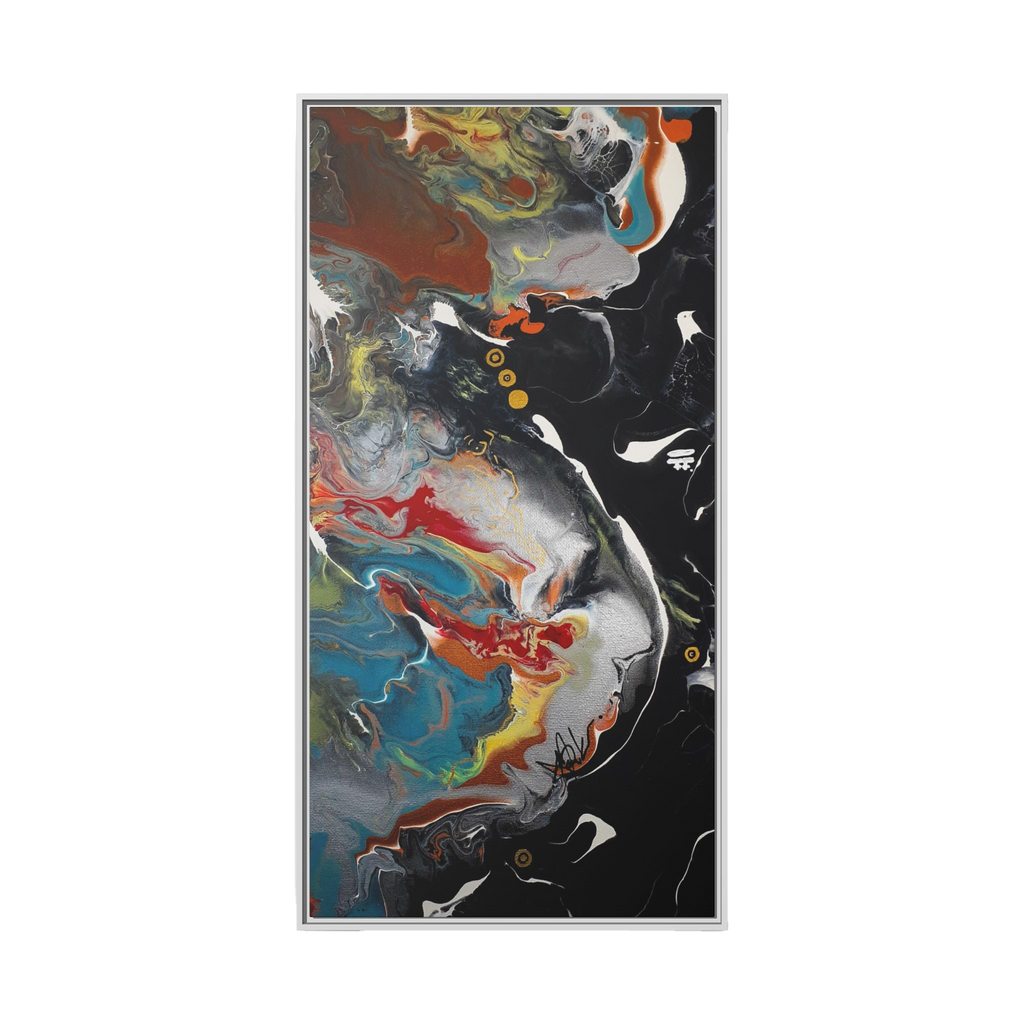 "Silver Bird" 30" x 60" Freebrd Contemporary abstract 1.25 inch canvas print wall art showcasing multi-colors like black, gold, blue and red earth tones. Solidified with a white frame