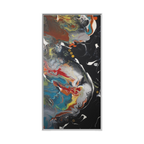"Silver Bird" 30" x 60" Freebrd Contemporary abstract 1.25 inch canvas print wall art showcasing multi-colors like black, gold, blue and red earth tones. Solidified with a white frame