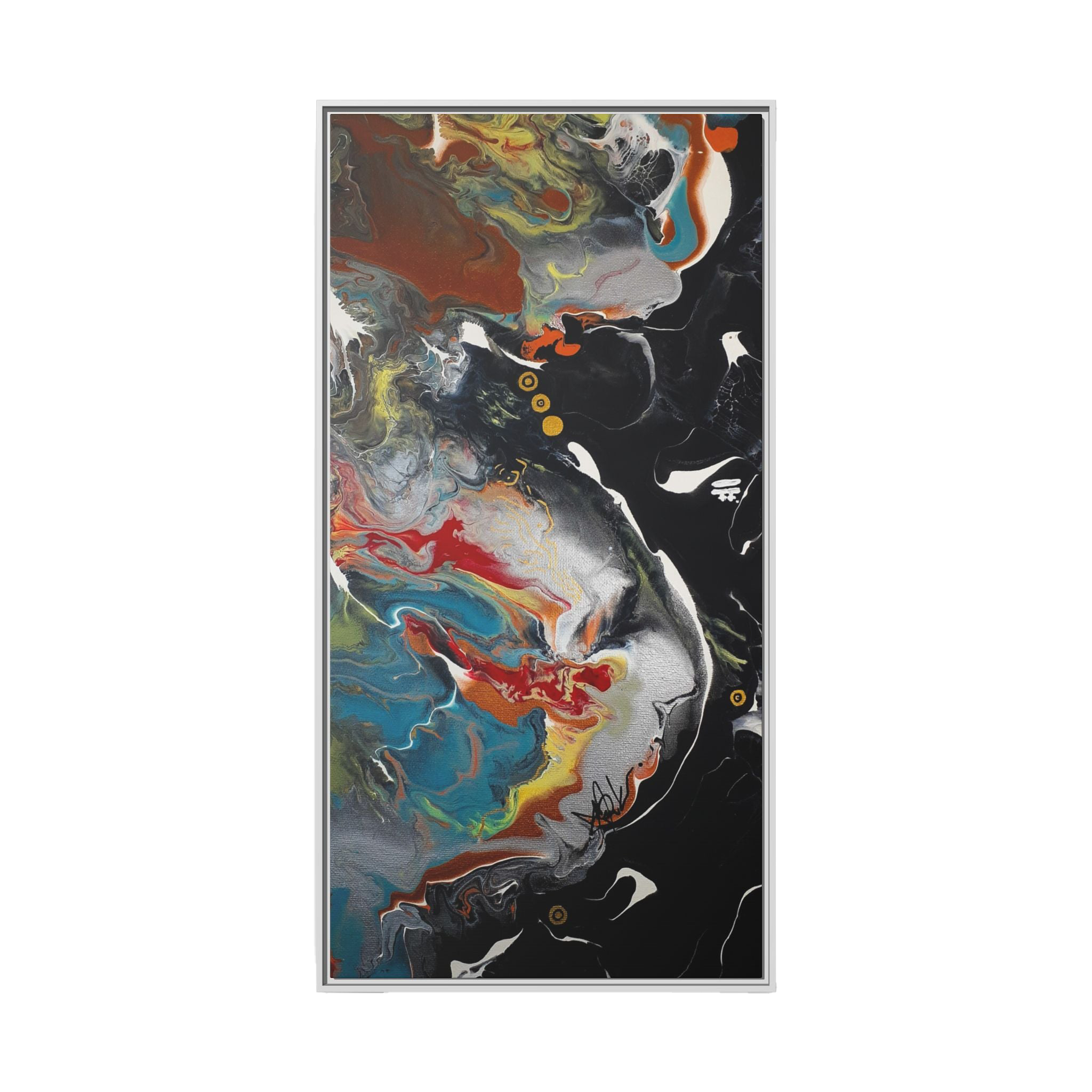 "Silver Bird" 30" x 60" Freebrd Contemporary abstract 1.25 inch canvas print wall art showcasing multi-colors like black, gold, blue and red earth tones. Solidified with a white frame