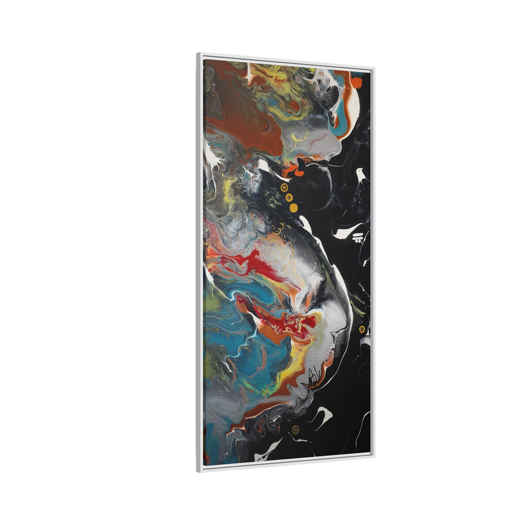 "Silver Bird" 30" x 60" Freebrd Contemporary abstract 1.25 inch canvas print wall art showcasing multi-colors like black, gold, blue and red earth tones. Solidified with a white frame