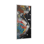 "Silver Bird" 30" x 60" Freebrd Contemporary abstract 1.25 inch canvas print wall art showcasing multi-colors like black, gold, blue and red earth tones. Solidified with a white frame