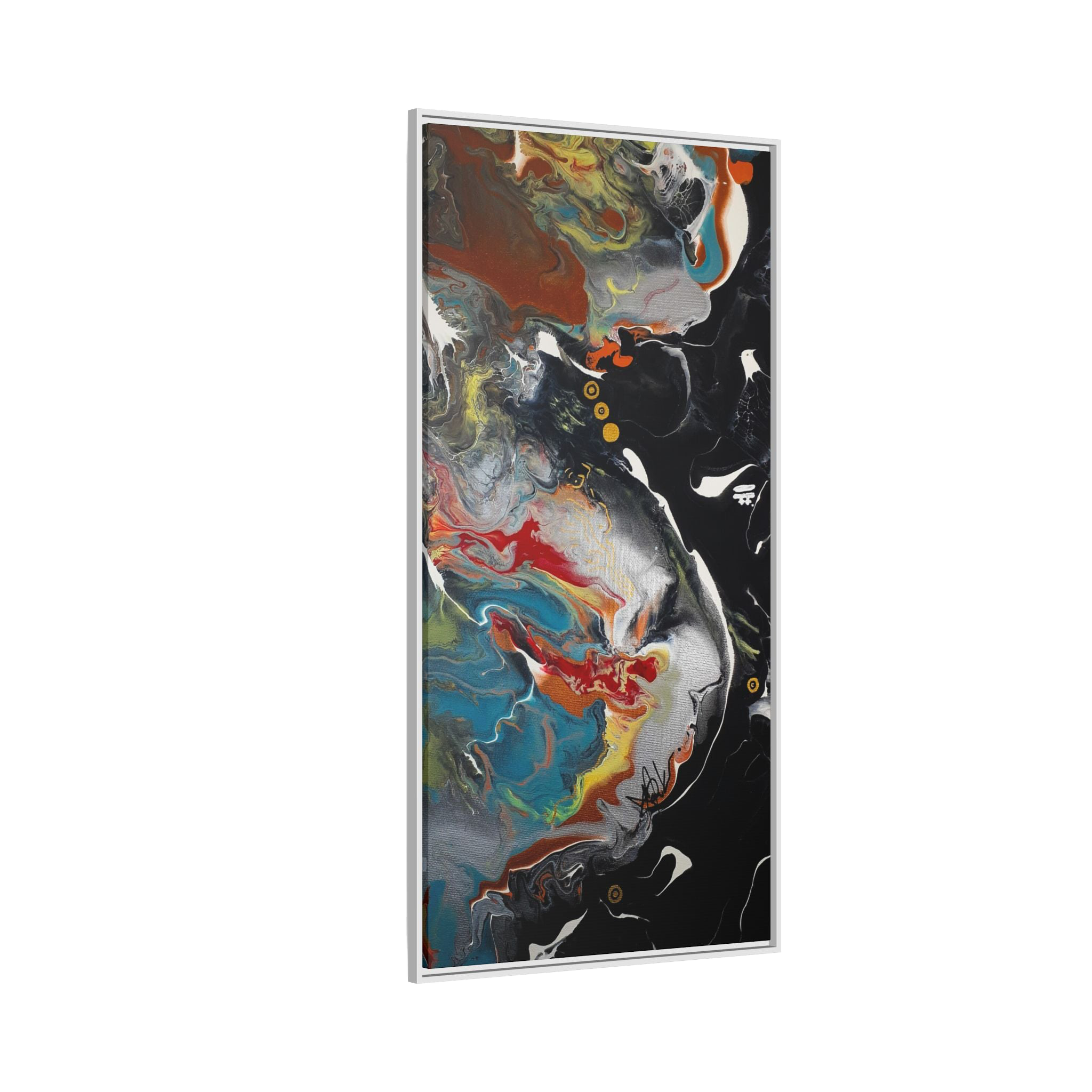 "Silver Bird" 30" x 60" Freebrd Contemporary abstract 1.25 inch canvas print wall art showcasing multi-colors like black, gold, blue and red earth tones. Solidified with a white frame