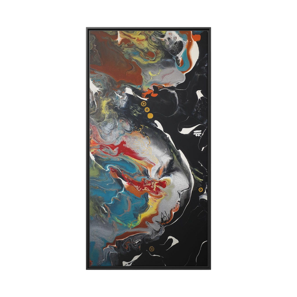  "Silver Bird" 30" x 60" Freebrd Contemporary abstract 1.25 inch canvas print wall art showcasing multi-colors like black, gold, blue and red earth tones. Solidified with a black frame
 