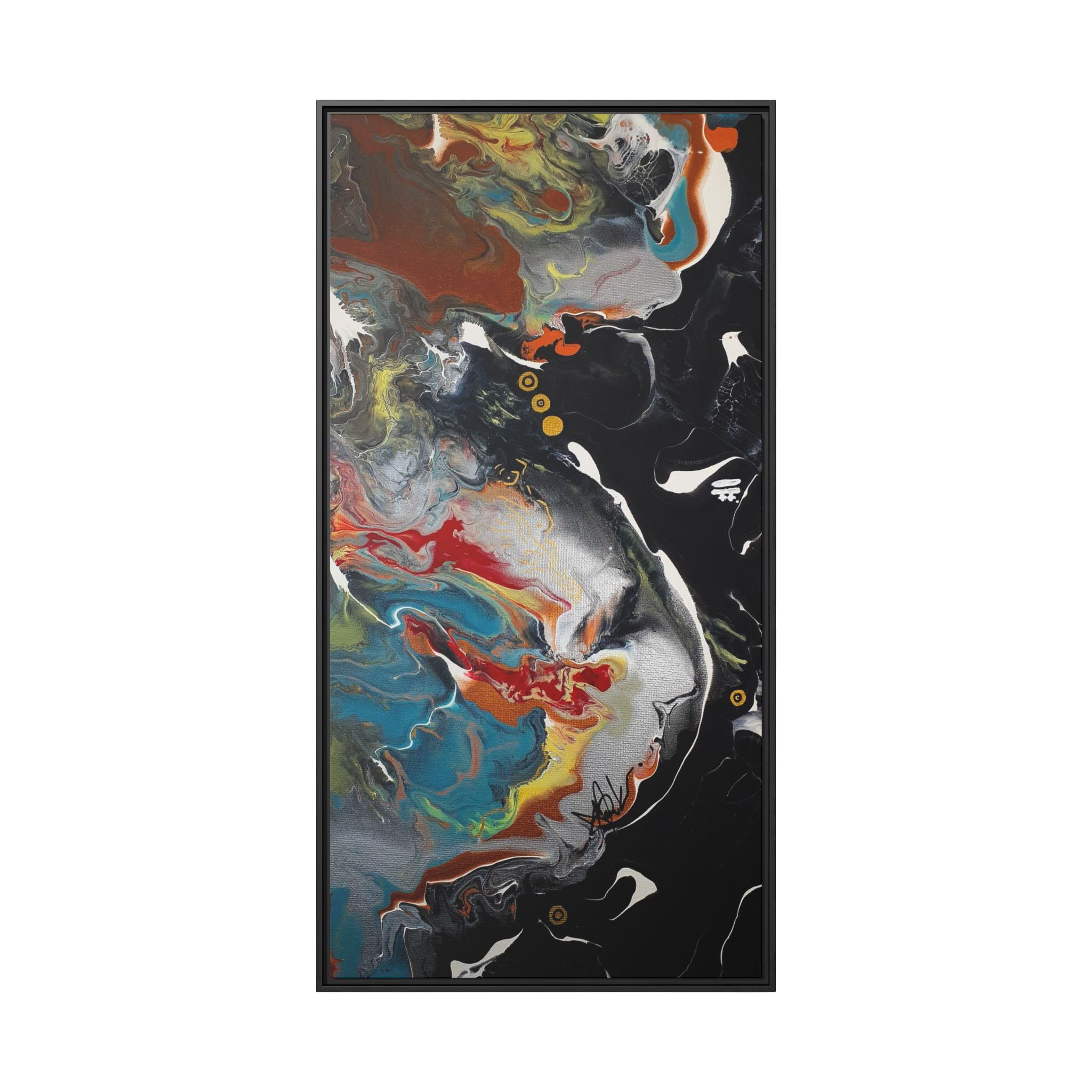  "Silver Bird" 30" x 60" Freebrd Contemporary abstract 1.25 inch canvas print wall art showcasing multi-colors like black, gold, blue and red earth tones. Solidified with a black frame
 