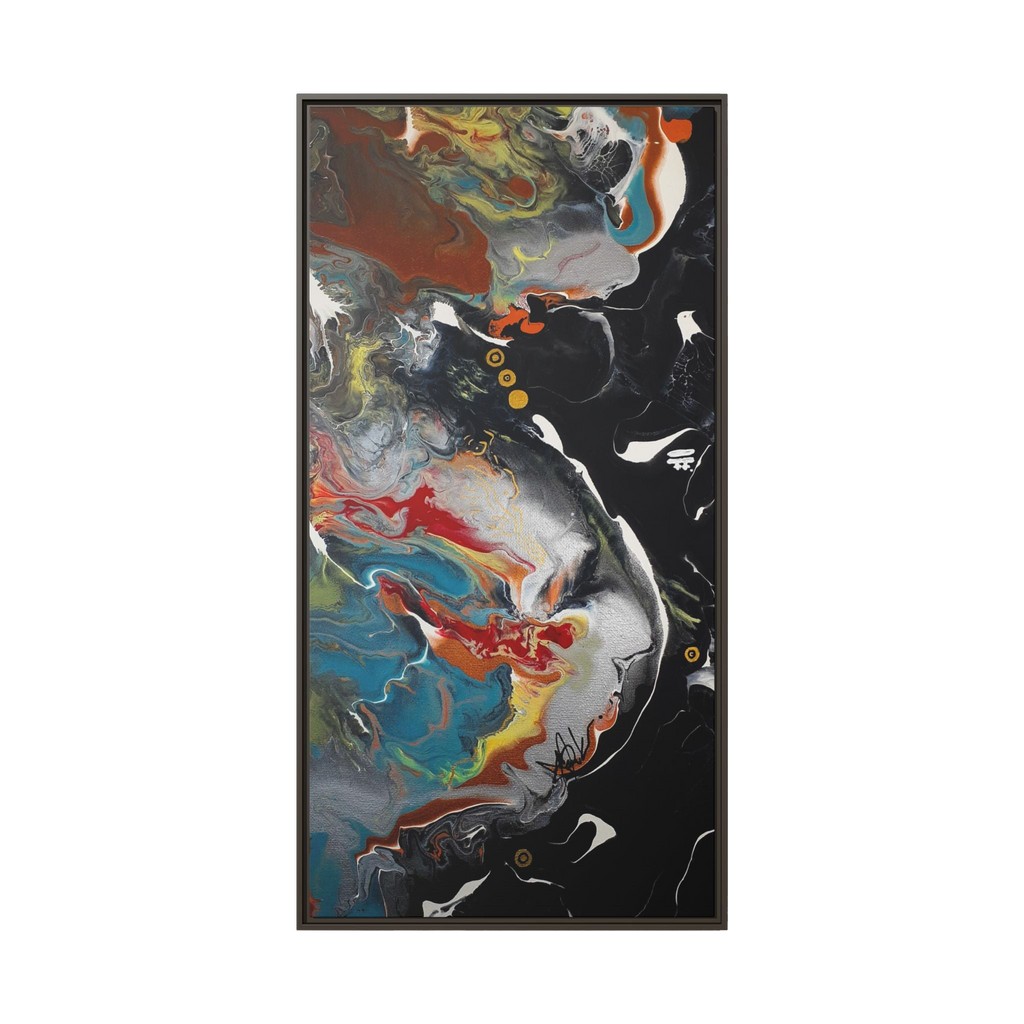 "Silver Bird" 30" x 60" Freebrd Contemporary abstract 1.25 inch canvas print wall art showcasing multi-colors like black, gold, blue and red earth tones. Solidified with an espresso frame


