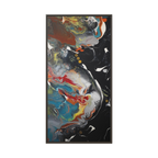 "Silver Bird" 30" x 60" Freebrd Contemporary abstract 1.25 inch canvas print wall art showcasing multi-colors like black, gold, blue and red earth tones. Solidified with an espresso frame

