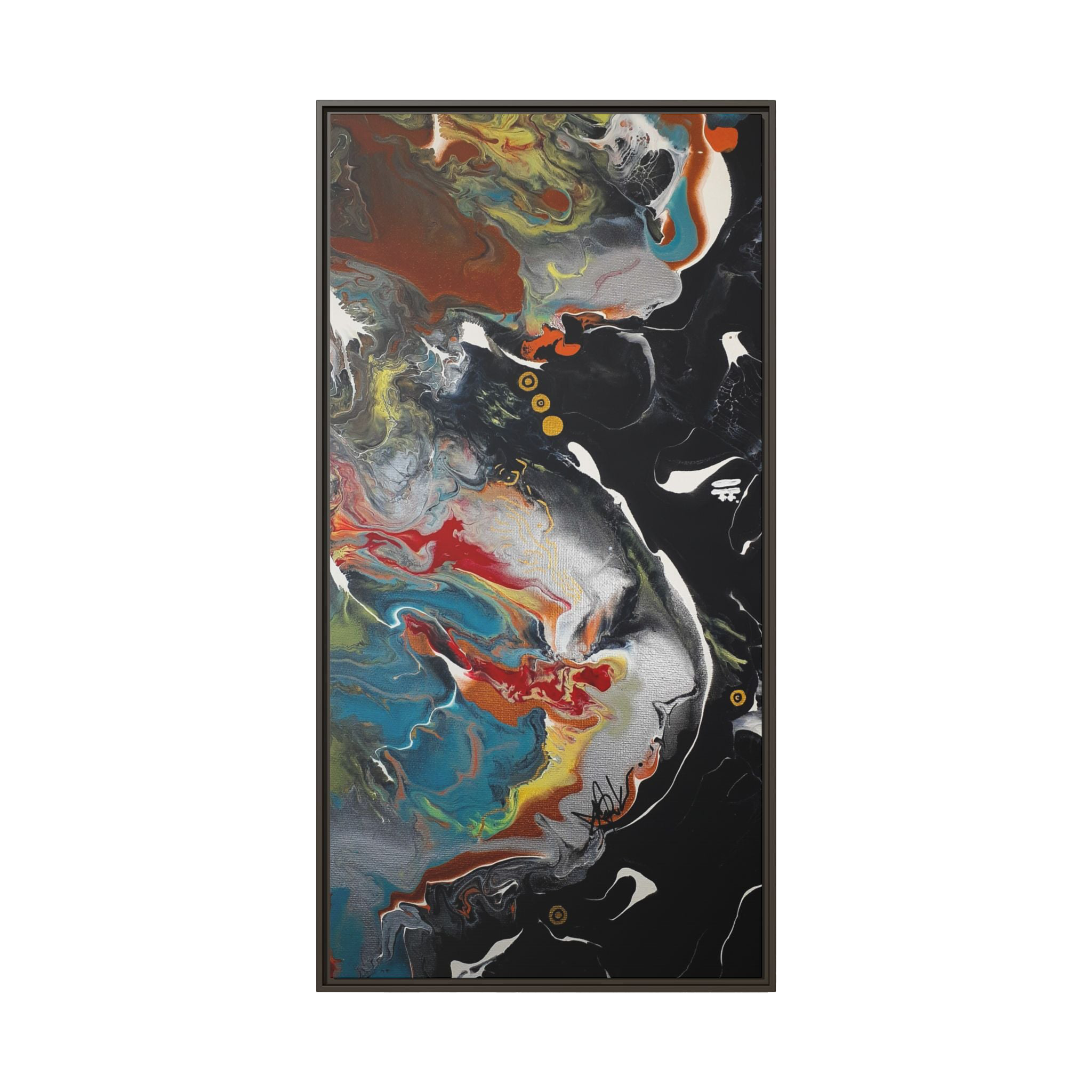 "Silver Bird" 30" x 60" Freebrd Contemporary abstract 1.25 inch canvas print wall art showcasing multi-colors like black, gold, blue and red earth tones. Solidified with an espresso frame

