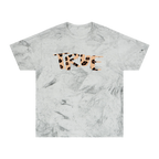 Smoke marble-patterned tie dye t-shirt with 'true' text in cheetah print text