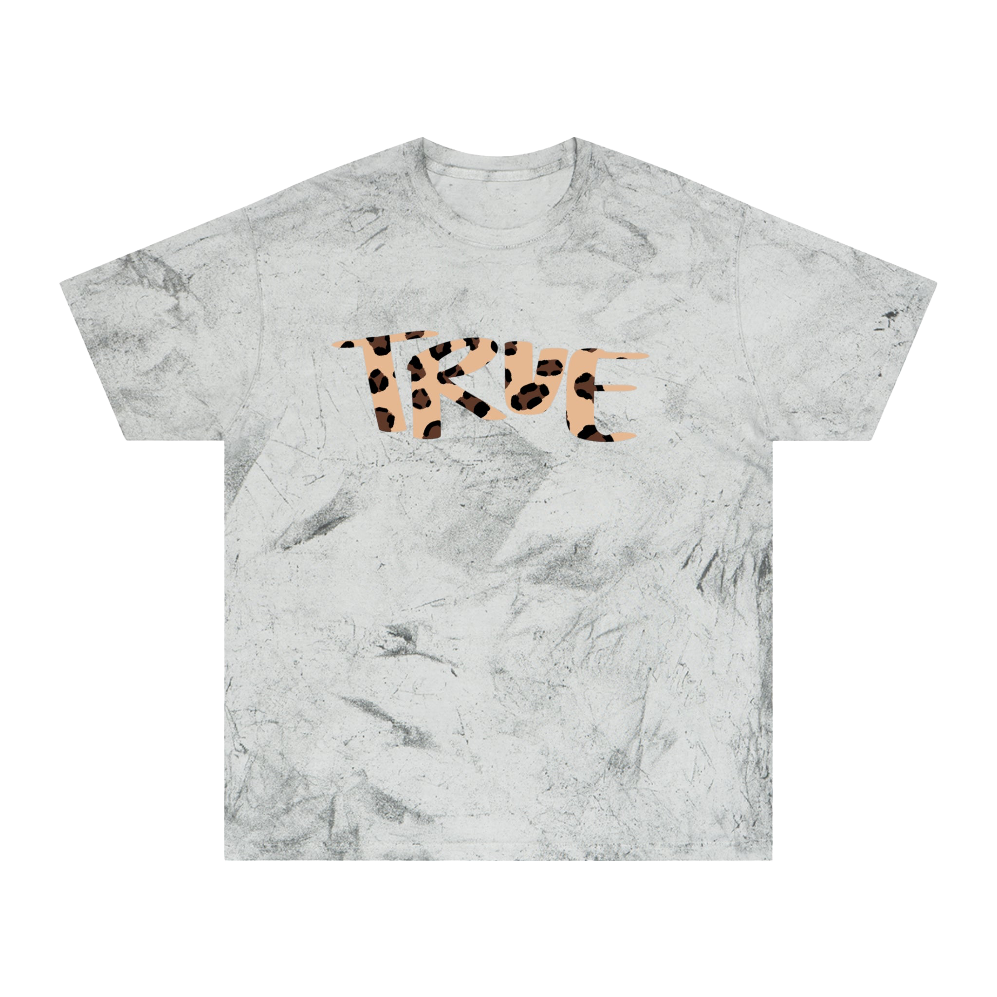 Smoke marble-patterned tie dye t-shirt with 'true' text in cheetah print text