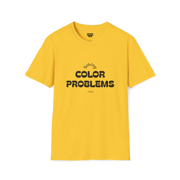 Yellow t-shirt with 'solving color problems daily' text design