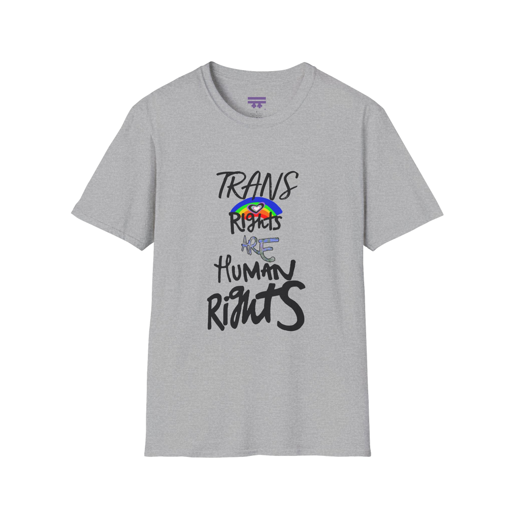 Sports Grey Trans Rights Are Human Rights T-Shirt with purple Freebrd logo on inside tag