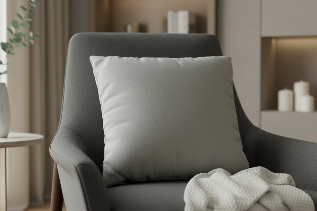 Gray armchair with a stardust grey suede pillow and blanket in a cozy living room setting