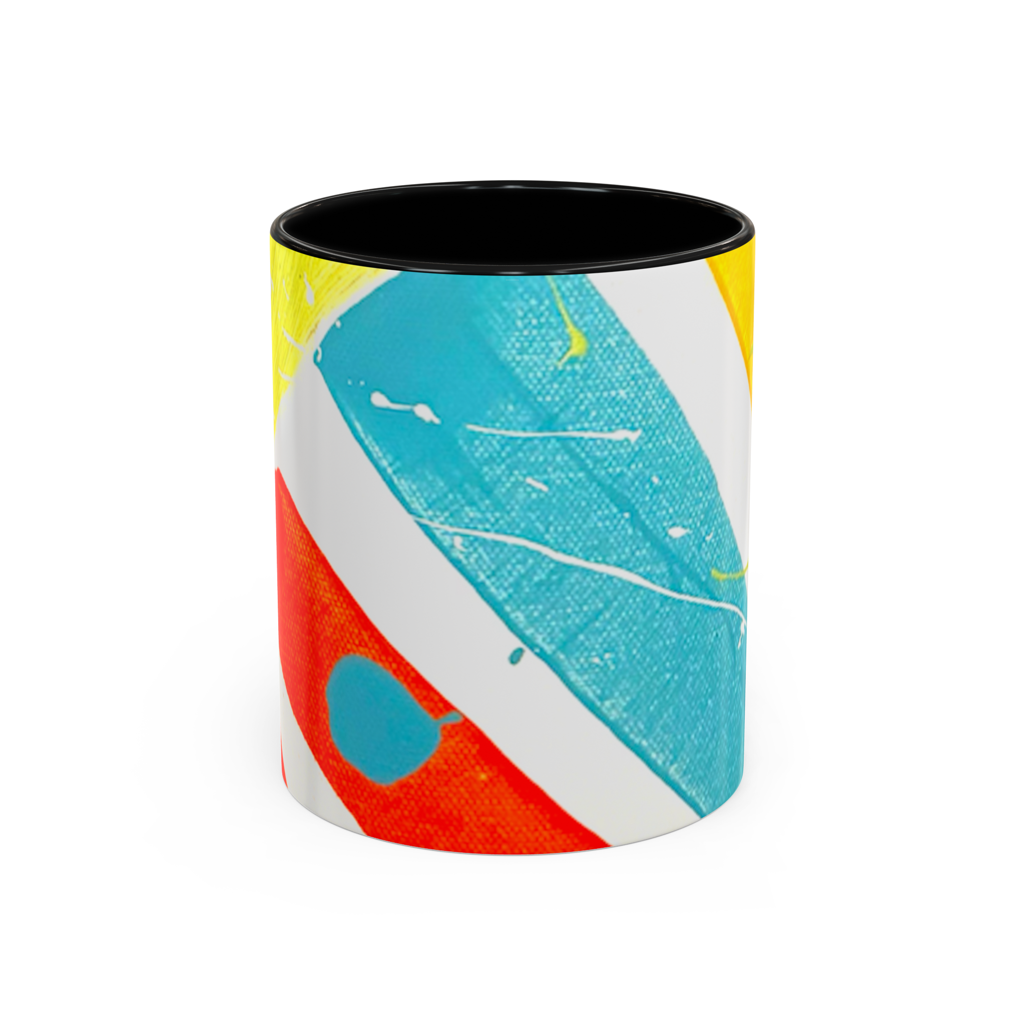 11 oz “Stripe Status” Coffee Mug view from the front showcasing teal, red and yellow brushstrokes, white, yellow, and teal paint color splash texture and a black interior.