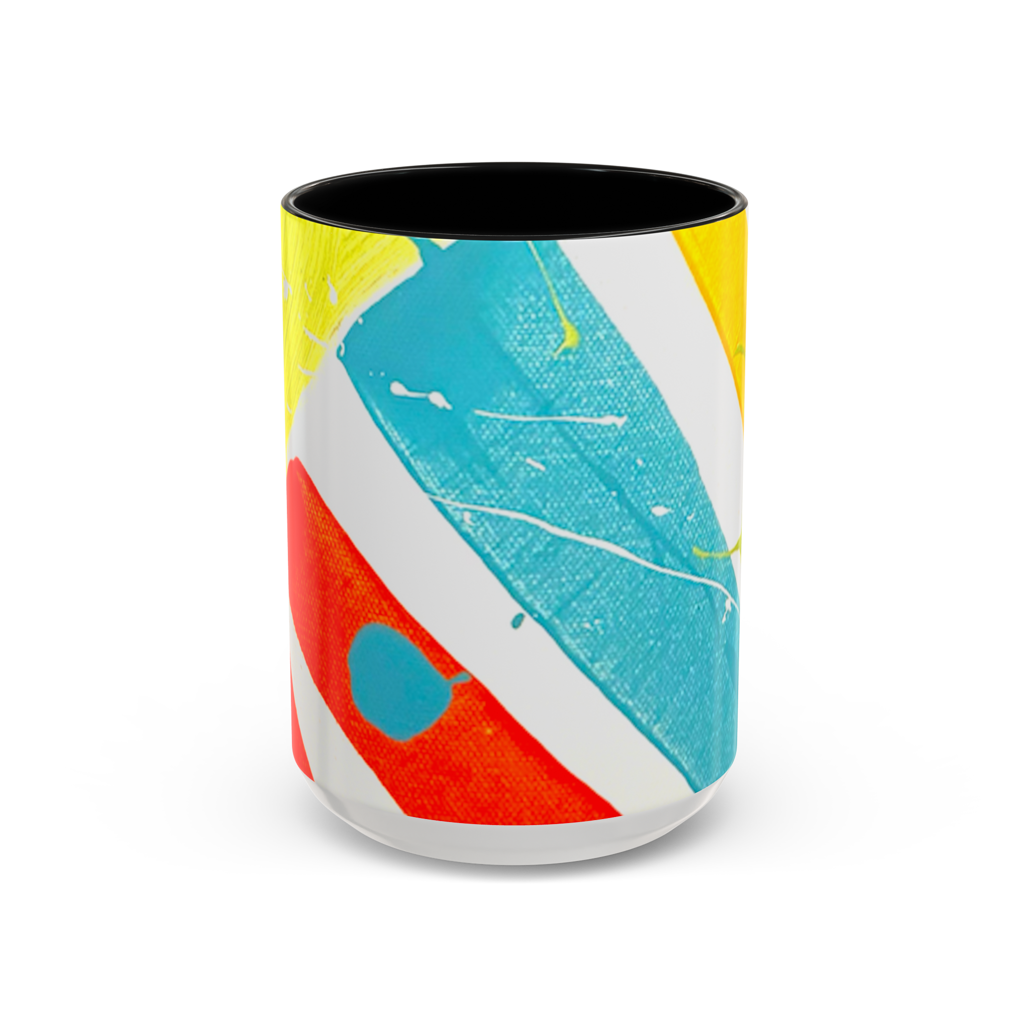 15 oz “Stripe Status” Coffee Mug view from the front showcasing teal red and yellow brushstrokes with white and teal color splashes and a black interior. 