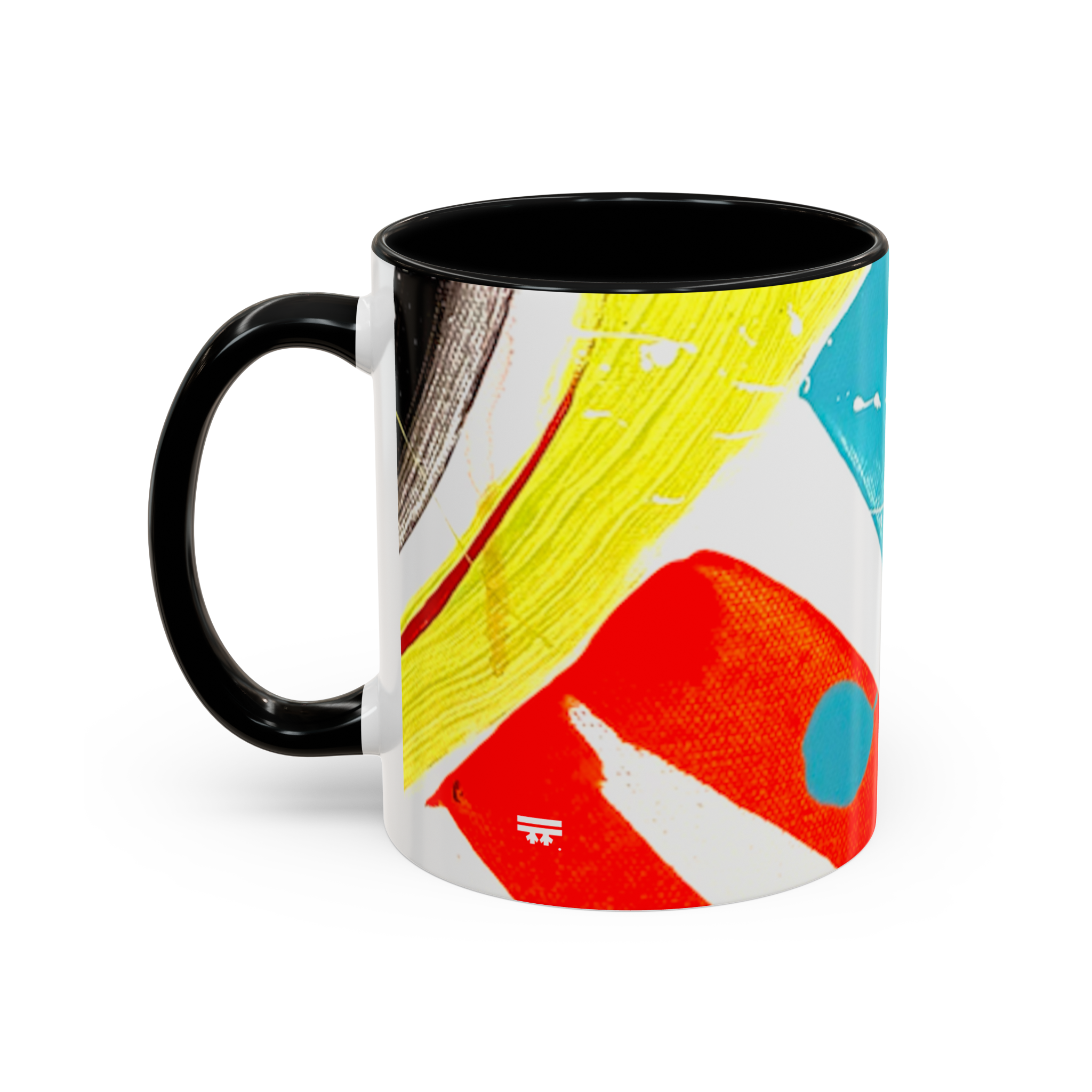 11 oz “Stripe Status” Coffee Mug view from the left side showcasing yellow, red and black brush strokes, teal and white paint color splashes, a black interior and black c-handle.