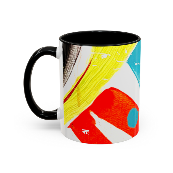 11 oz “Stripe Status” Coffee Mug view from the left side showcasing yellow, red and black brush strokes, teal and white paint color splashes, a black interior and black c-handle.