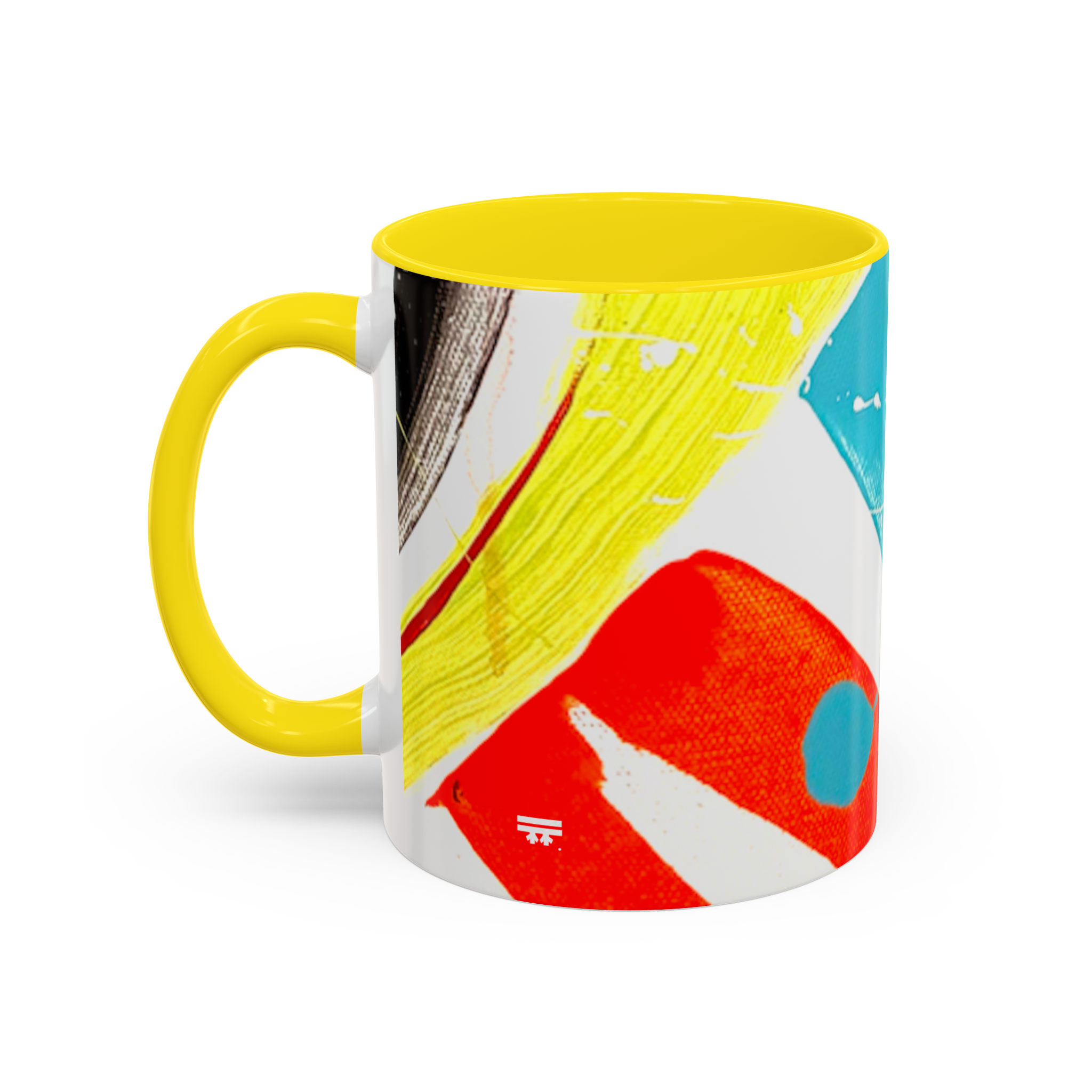11 oz “Stripe Status” Coffee Mug view from the left showcasing black red and teal brush strokes, teal paint color splash and a yellow c-handle with a yellow interior.