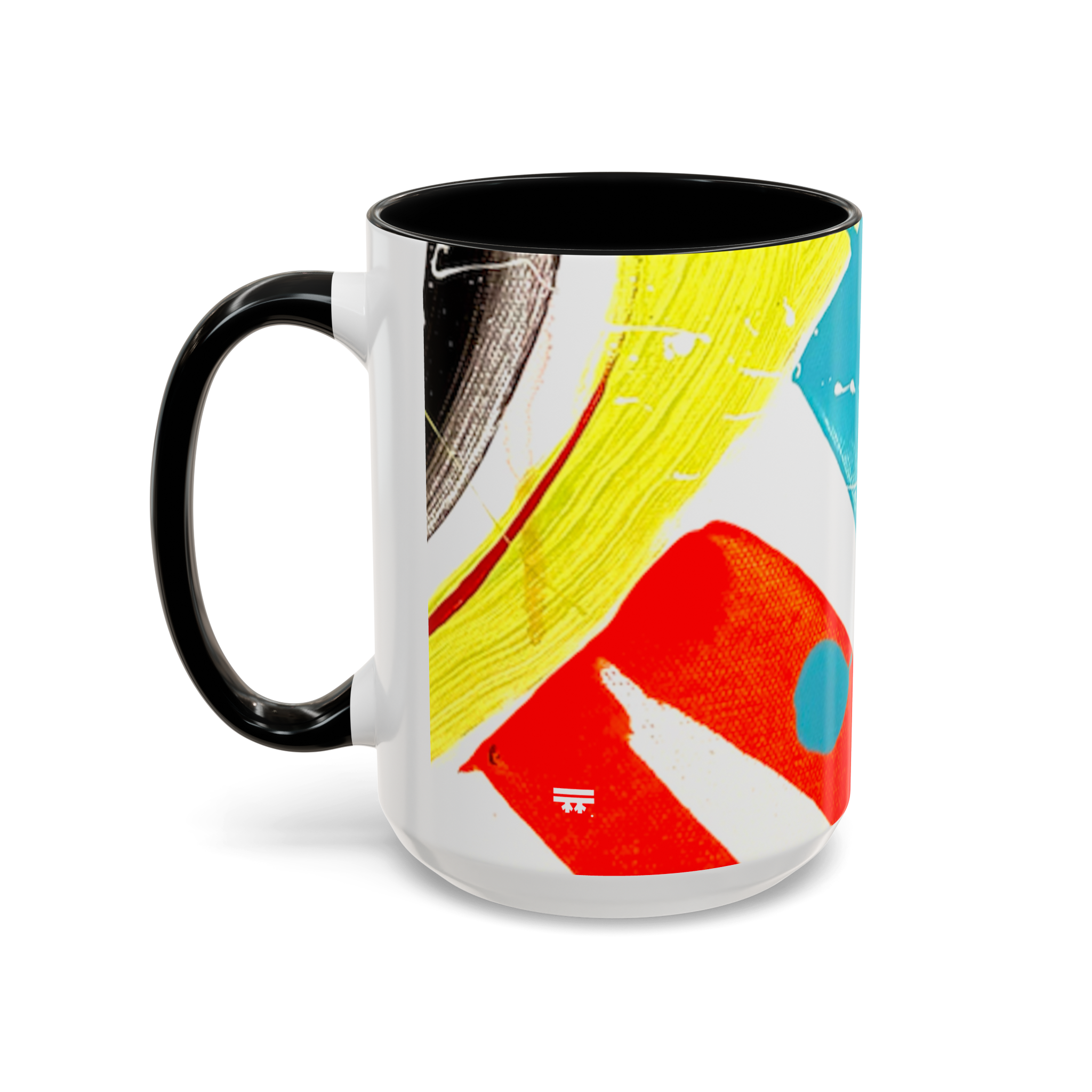 15 oz “Stripe Status” Coffee Mug view from the left showcasing black, yellow, teal and read brush strokes, teal and white color splashes with a black interior and a black c-handle. 