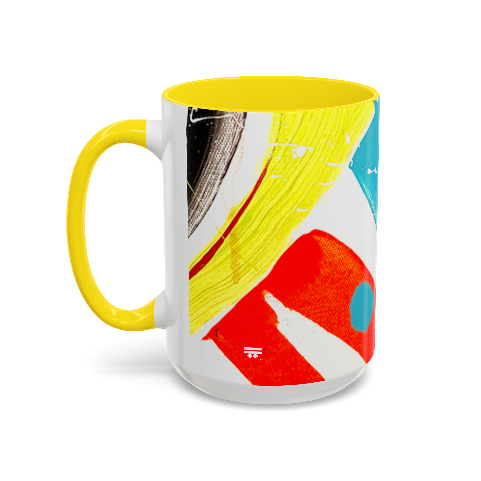 15 oz “Stripe Status” Coffee Mug view from the left showcasing black, yellow, red, and teal brush strokes, teal and white color splashes with a yellow interior and yellow c-handle. 