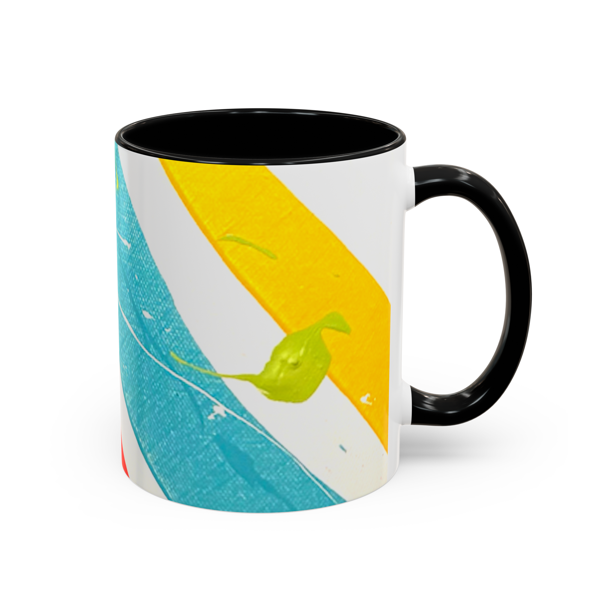11 oz “Stripe Status” Coffee Mug view from the right side showcasing green and white paint color splash texture, yellow and teal brush strokes a black interior and a black c-handle. 