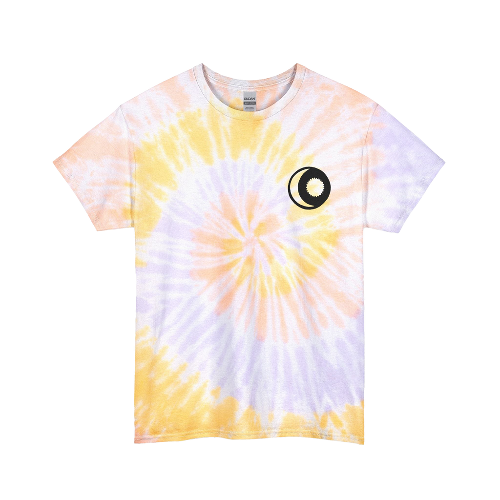 Summer sky spiral tie-dye t-shirt with pink and blue spiral design with a sun and moon graphic


