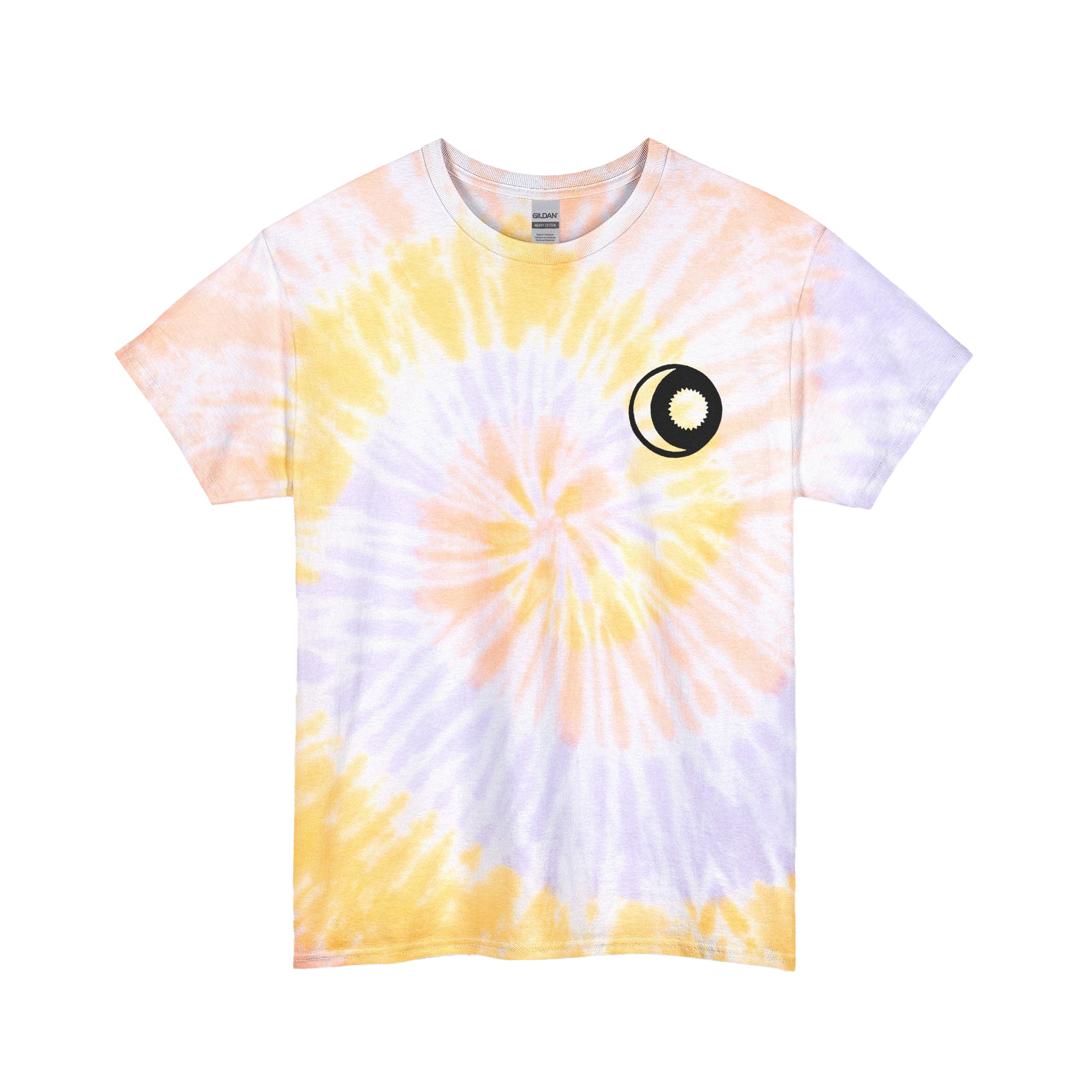 Summer sky spiral tie-dye t-shirt with pink and blue spiral design with a sun and moon graphic


