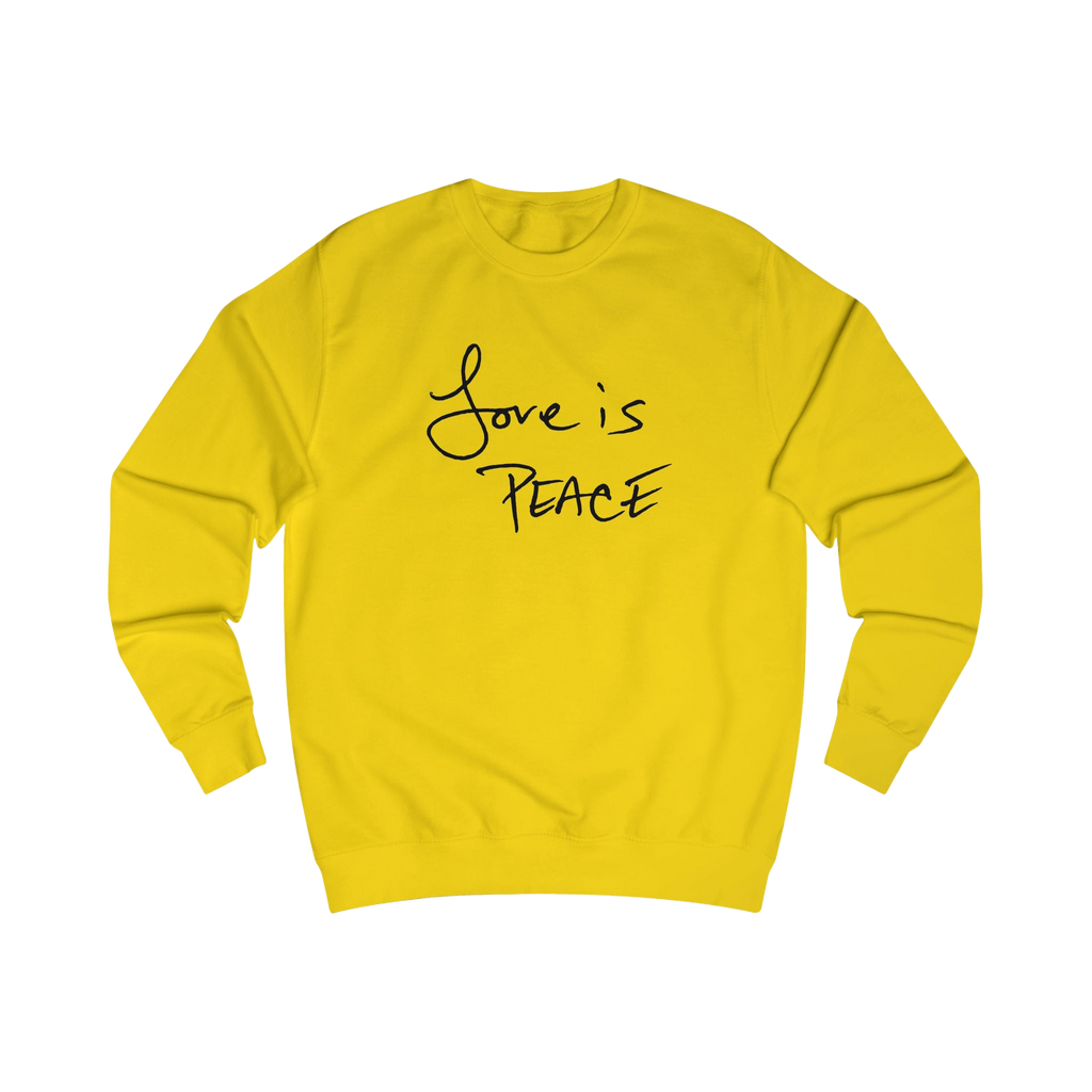 Sun Yellow sweatshirt with black 'Love is Peace' text