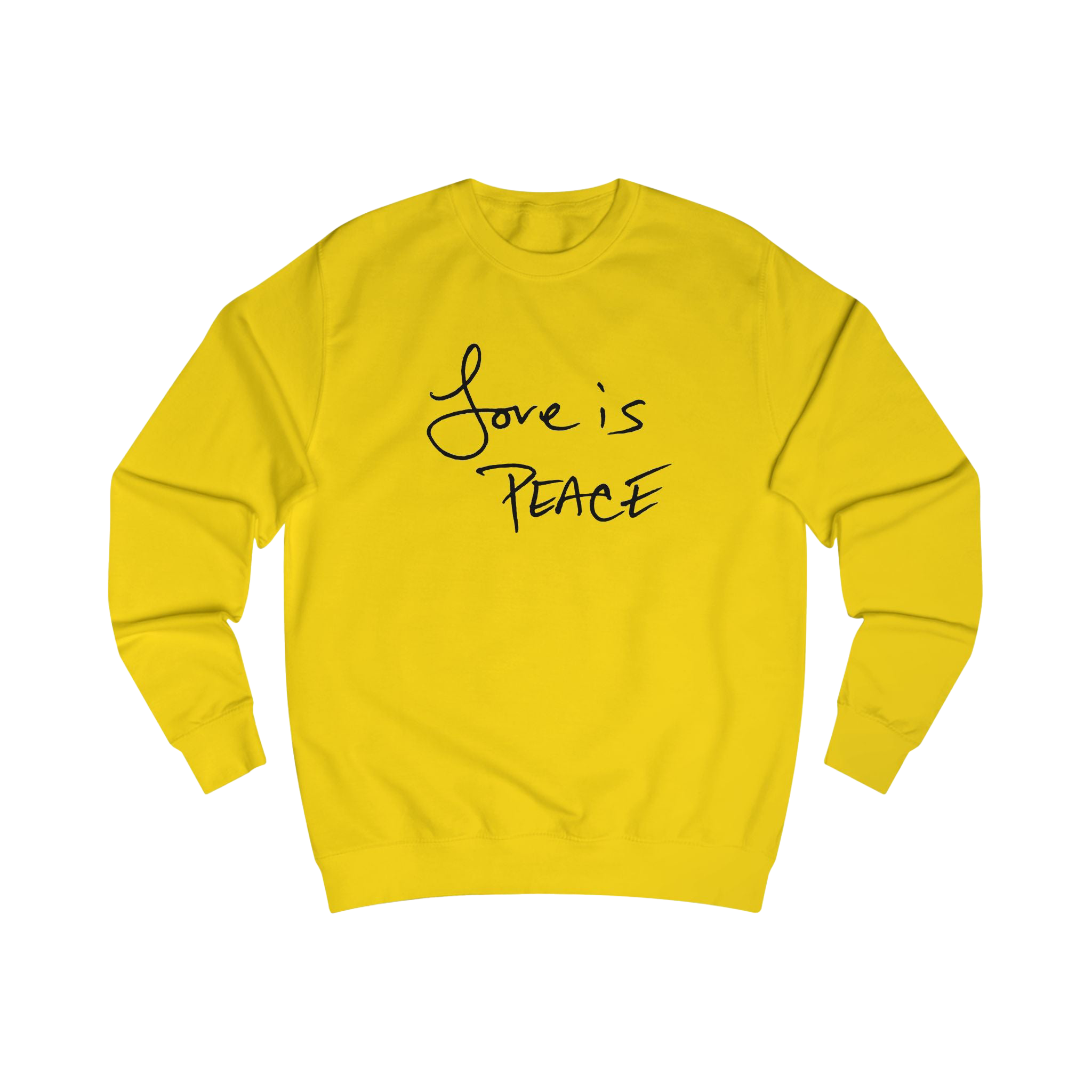 Sun Yellow sweatshirt with black 'Love is Peace' text