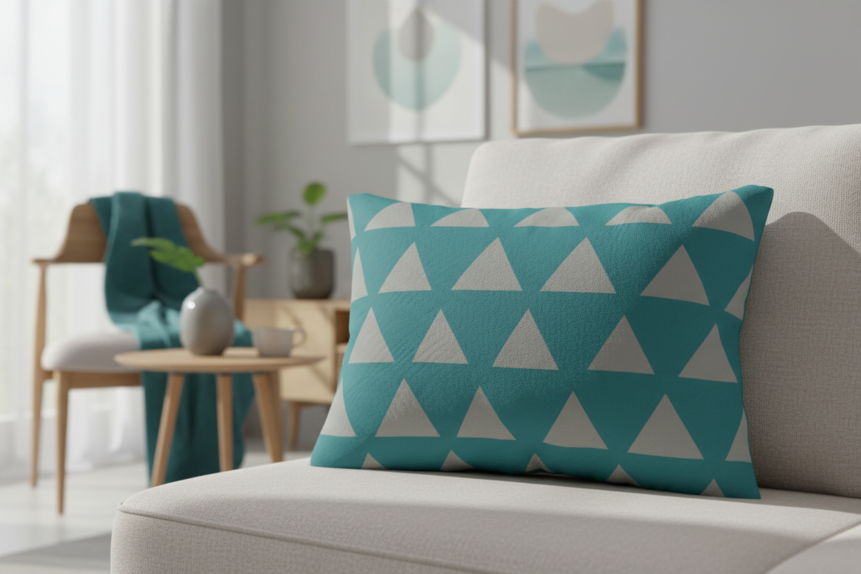 Teal Stardust Grey Geometric Triangle Lumbar Pillow on a beige couch in a living room setting.