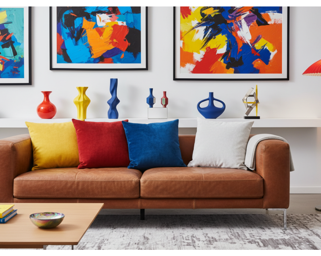 A graphic arrangement of bold red, electric blue, and golden yellow faux suede pillows from Freebrd's High-Voltage Gallery collection. Perfectly styled for a modern pop-art interior or dopamine-decor living space.