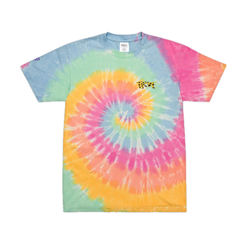 Tie-dye t-shirt with a spiral pattern in pink, orange, and blue with an Embroidered “true” Accent in Cheetah