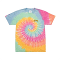 Tie-dye t-shirt with a spiral pattern in pink, orange, and blue with an Embroidered “true” Accent in Cheetah