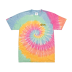 Tie-dye t-shirt with a spiral pattern in pink, orange, and blue with an Embroidered “true” Accent in Cheetah