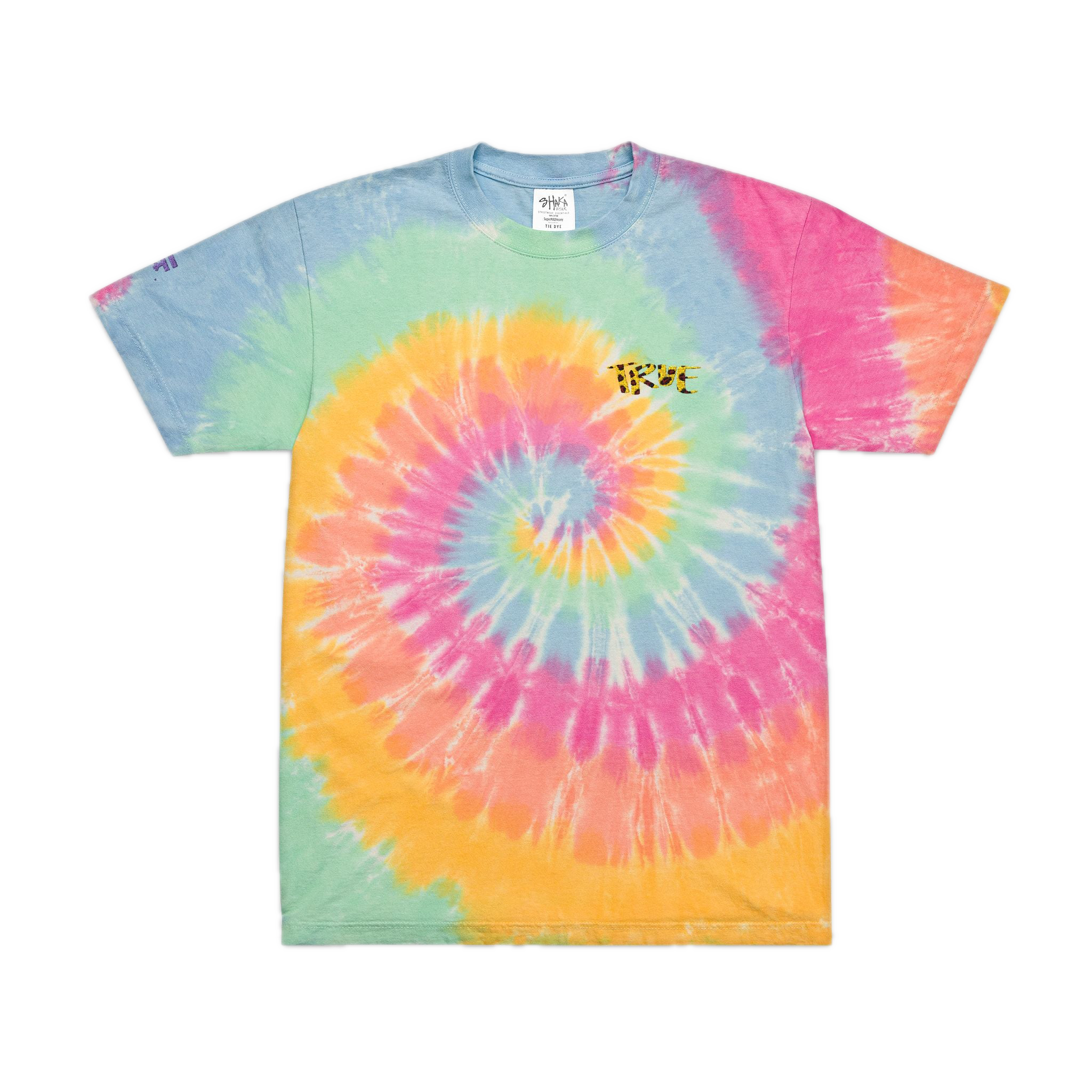 Tie-dye t-shirt with a spiral pattern in pink, orange, and blue with an Embroidered “true” Accent in Cheetah