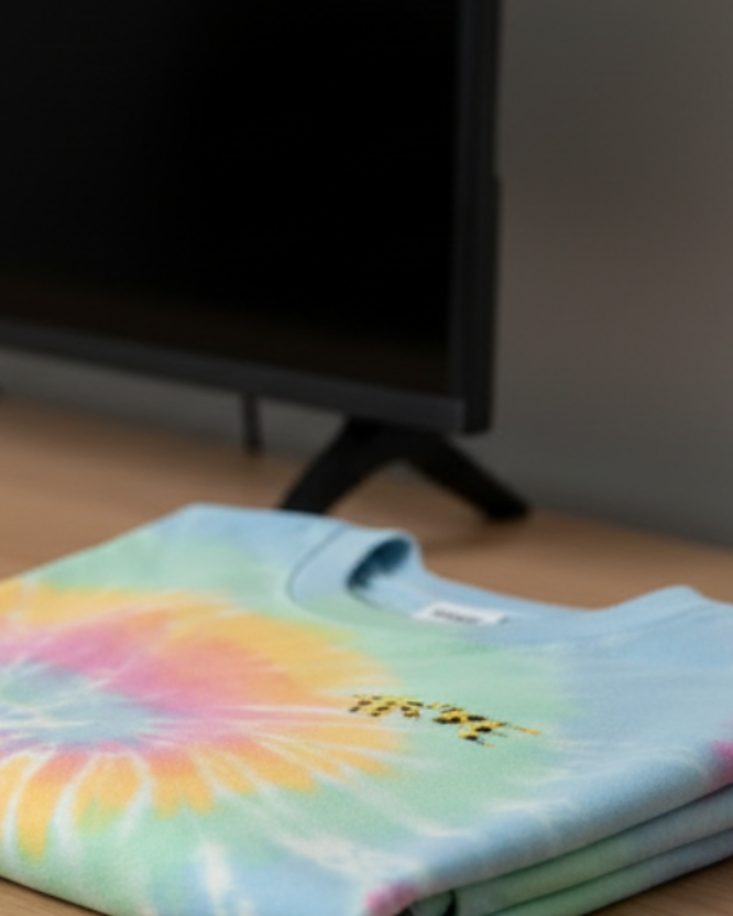 Folded Freebrd spiral tie-dye shirt on a wooden surface 