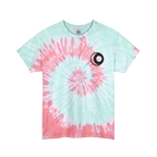 Tropical dream spiral tie-dye t-shirt with pink and blue spiral design with a sun and moon graphic