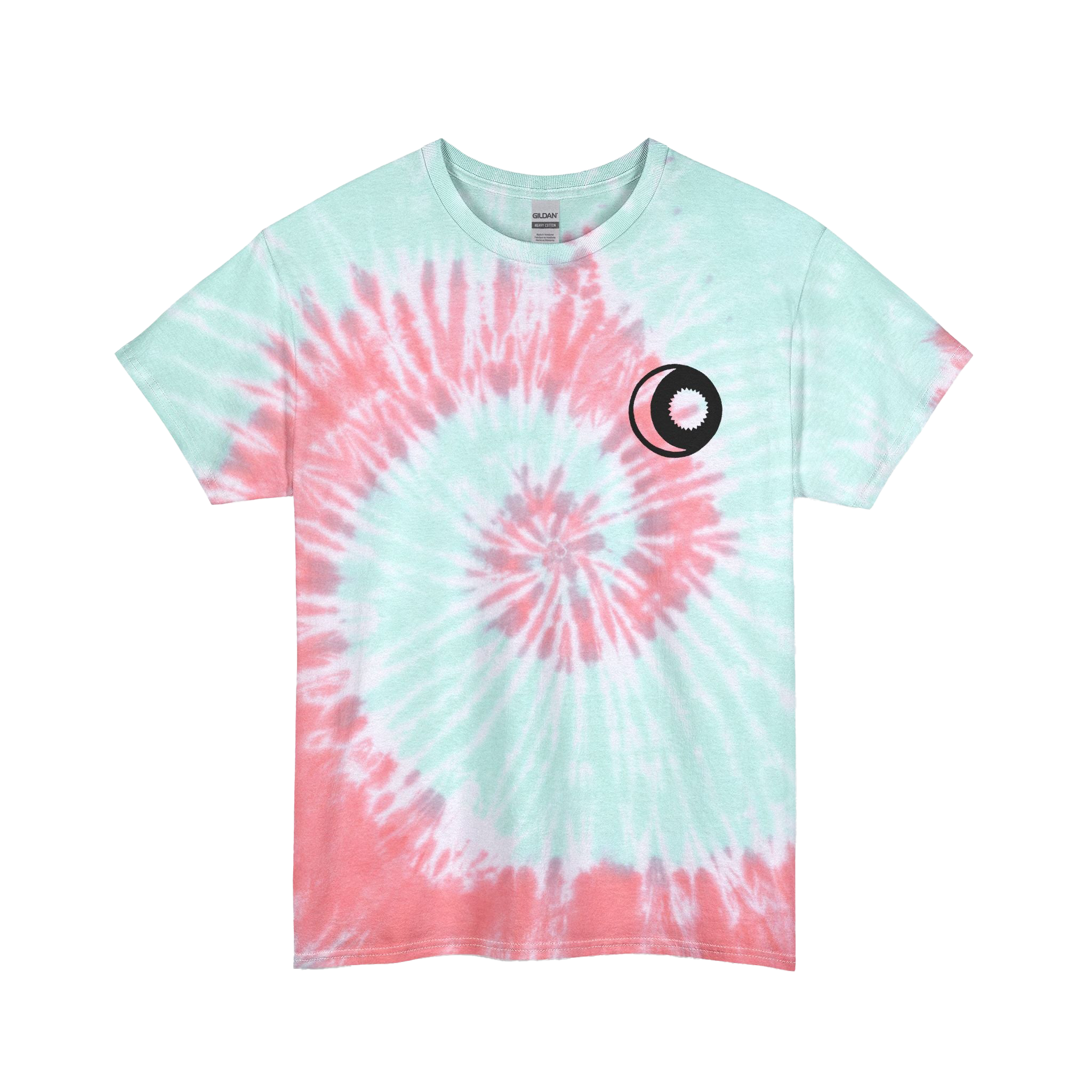 Tropical dream spiral tie-dye t-shirt with pink and blue spiral design with a sun and moon graphic