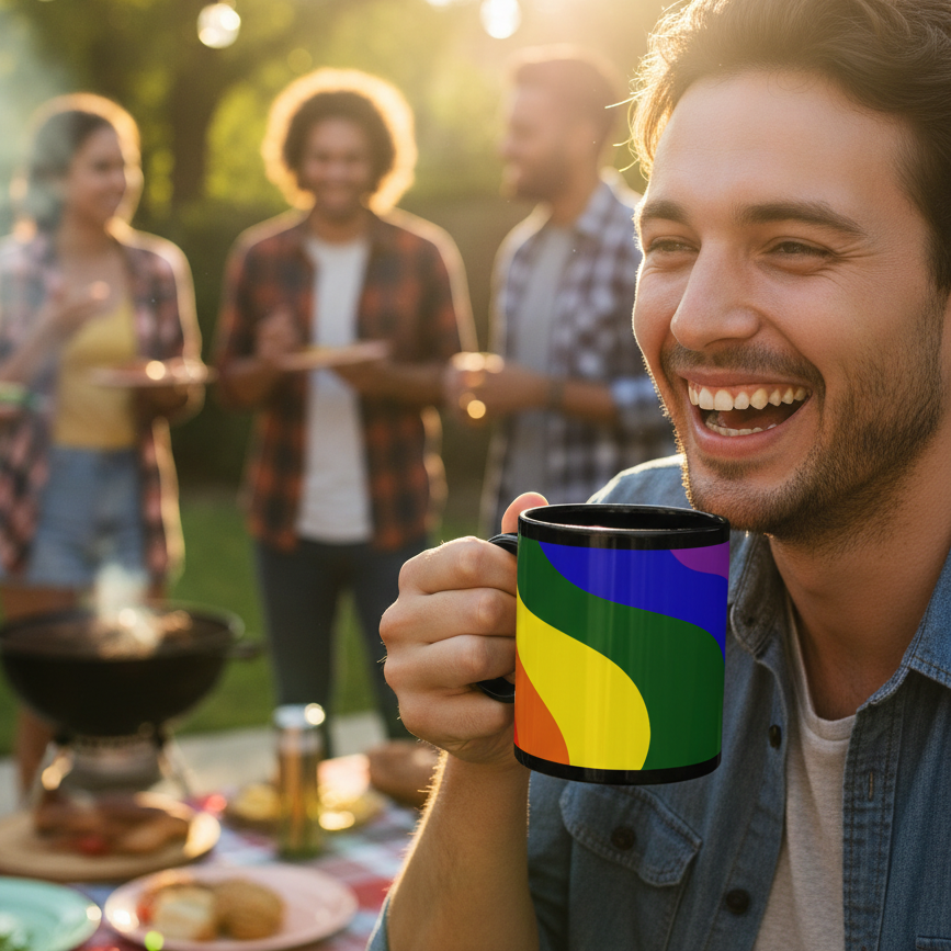 Man holding a Freebrd rainbow mug with friends in the background at a barbecue