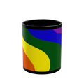 Black coffee cup with colorful rainbow wave design showing purple, orange, yellow, blue and forest green

