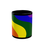 Black coffee cup with colorful rainbow wave design showing purple, orange, yellow, blue and forest green

