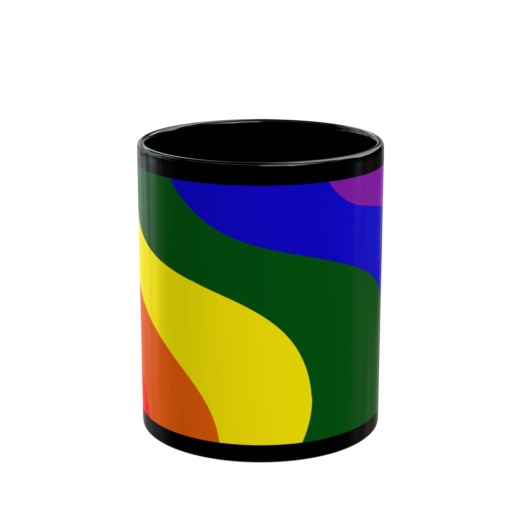 Black coffee cup with colorful rainbow wave design showing purple, orange, yellow, blue and forest green

