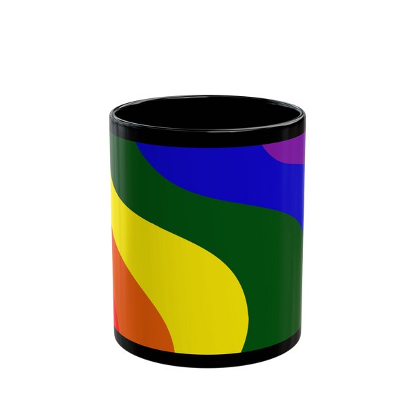 Black coffee cup with colorful rainbow wave design showing purple, orange, yellow, blue and forest green

