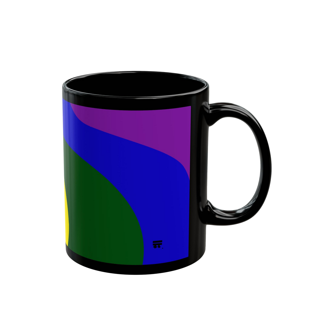 Black coffee cup with colorful rainbow wave design showing purple blue and forest green

