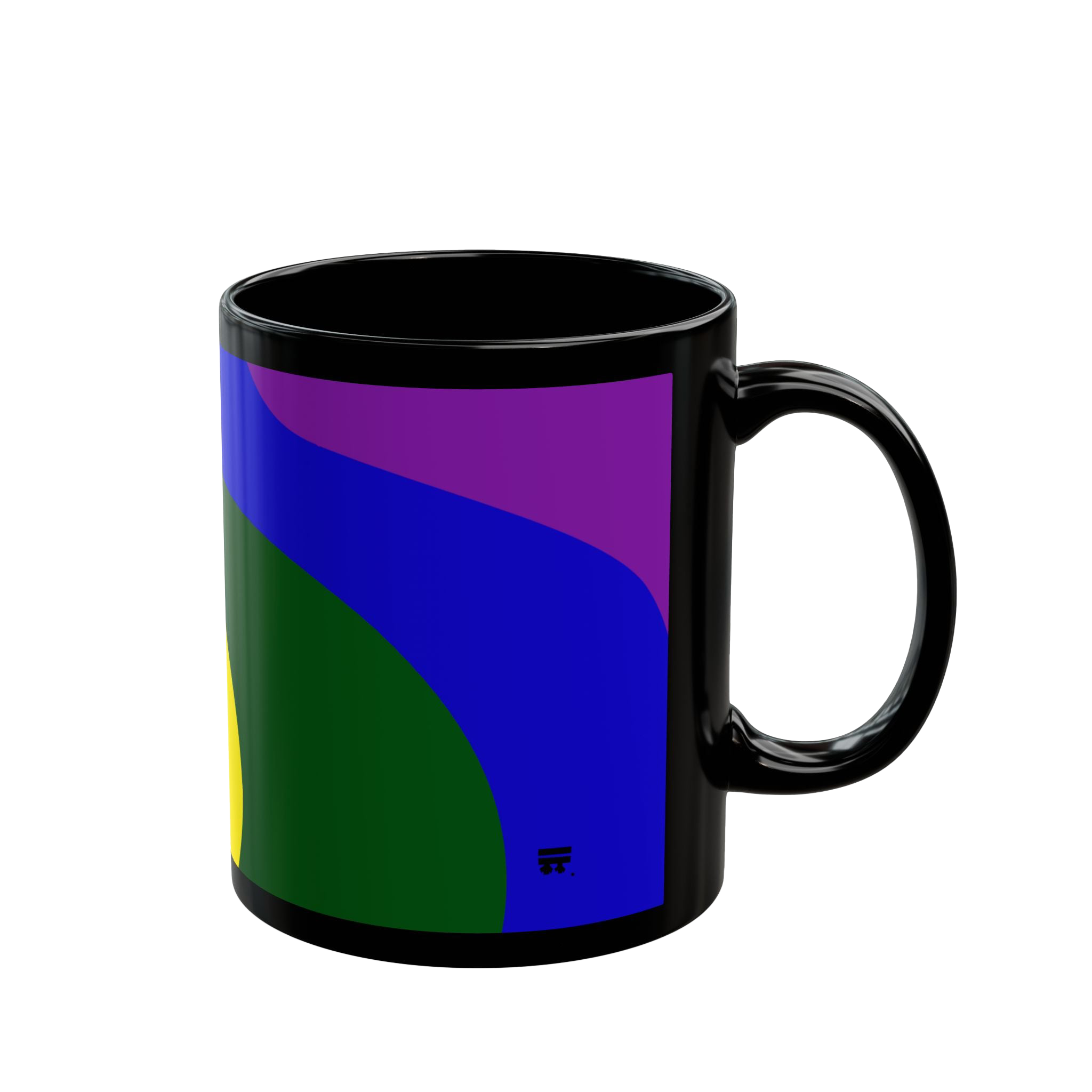 Black coffee cup with colorful rainbow wave design showing purple blue and forest green
