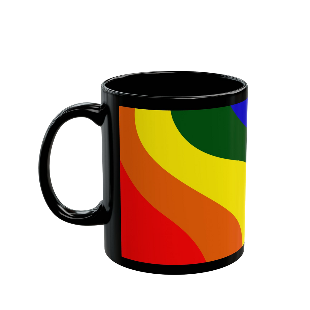 Black coffee cup with colorful rainbow wave design showing red, orange, yellow, blue and forest green

