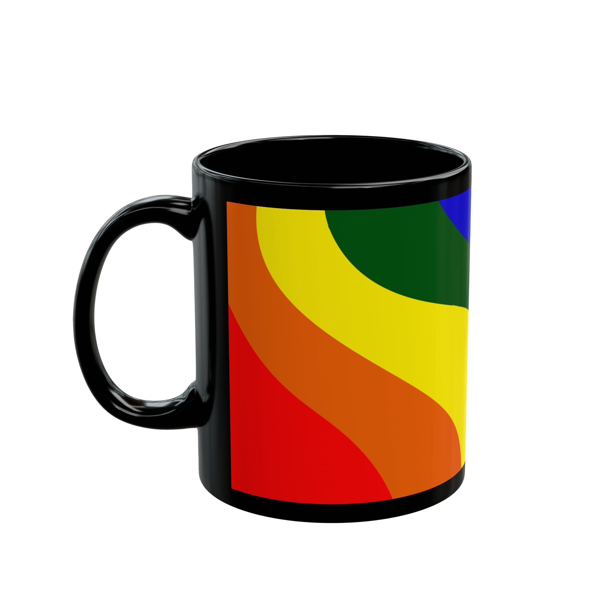 Black coffee cup with colorful rainbow wave design showing red, orange, yellow, blue and forest green

