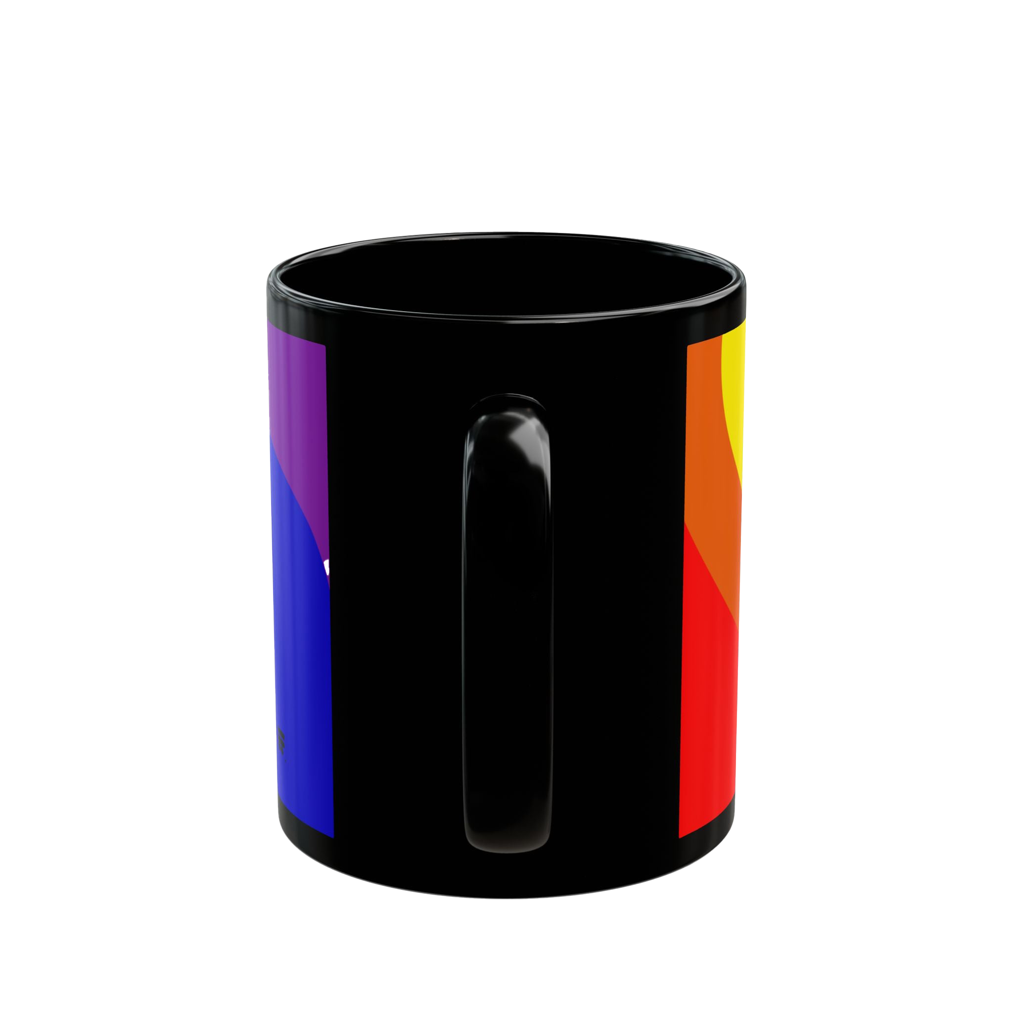 Black coffee cup with colorful rainbow wave design showing purple, blue, orange, red and yellow 